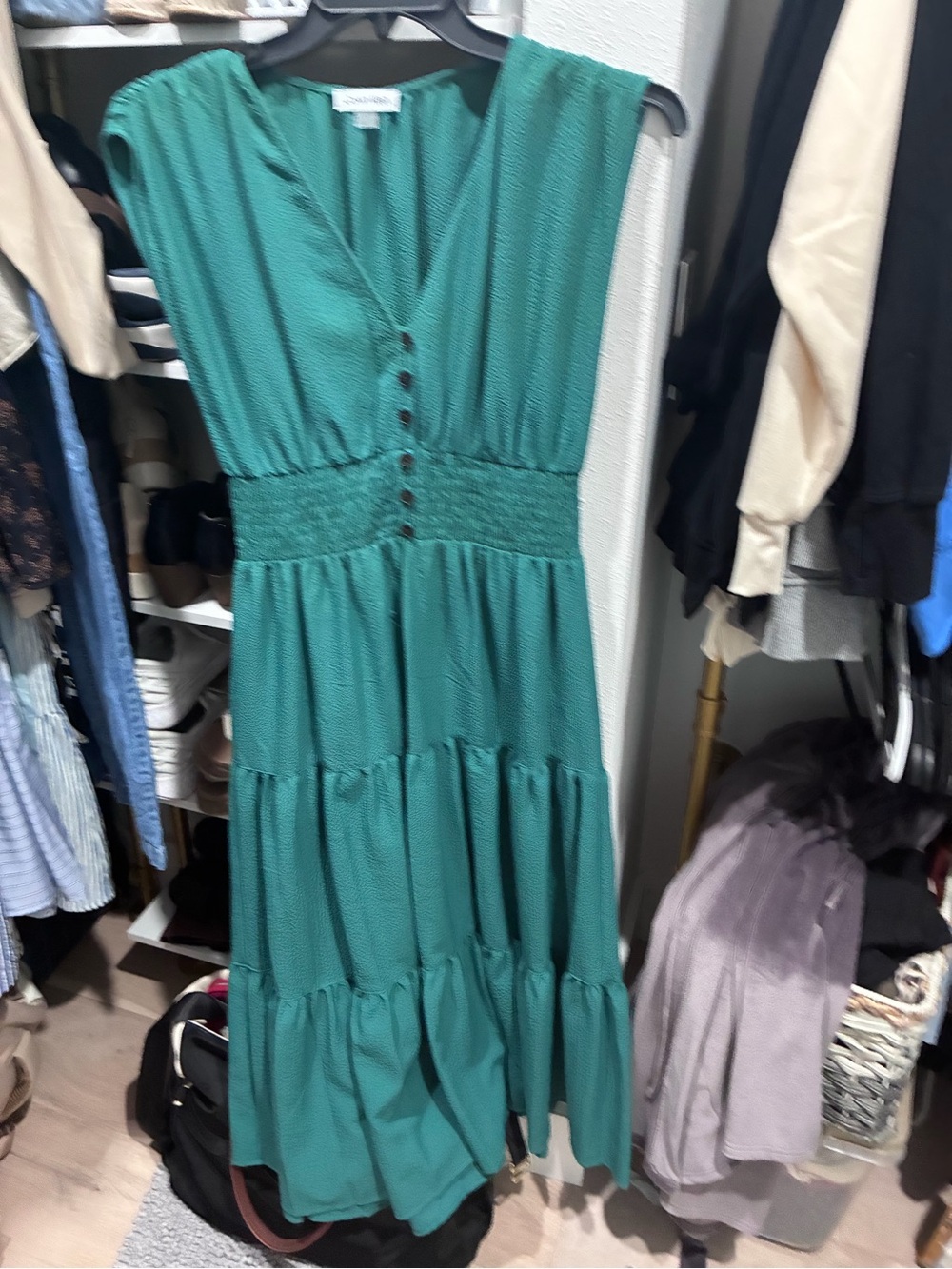 Calvin Klein Green Tiered Midi Dress with Smocked Waist